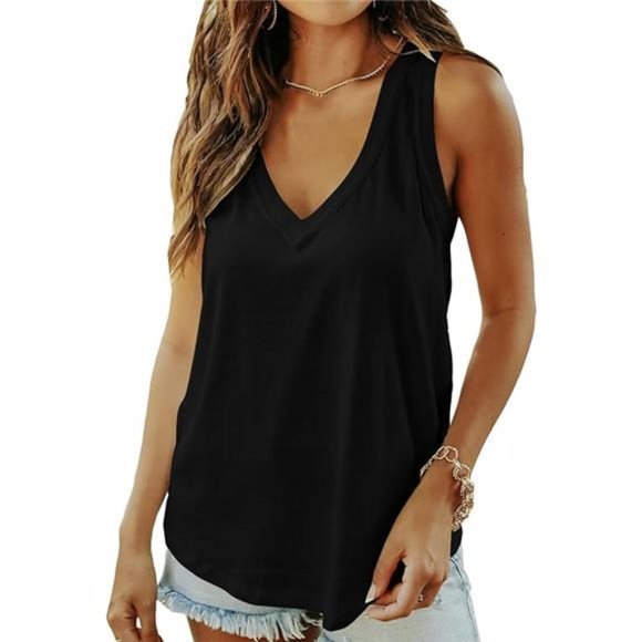 Women Summer Deep V Neck Tank Top Loose Fit Flowy Shirt - Picture 4 of 4